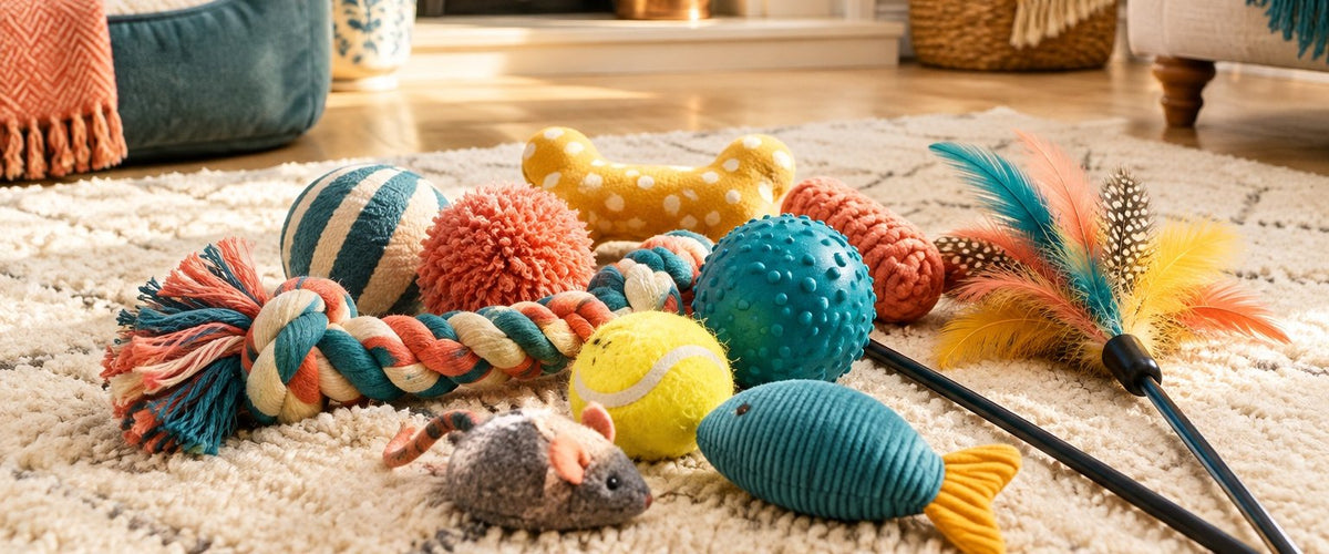 Colourful dog and cat toys on a cream rug