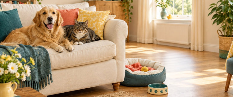 Golden retriever and tabby cat relaxing together on a cream sofa