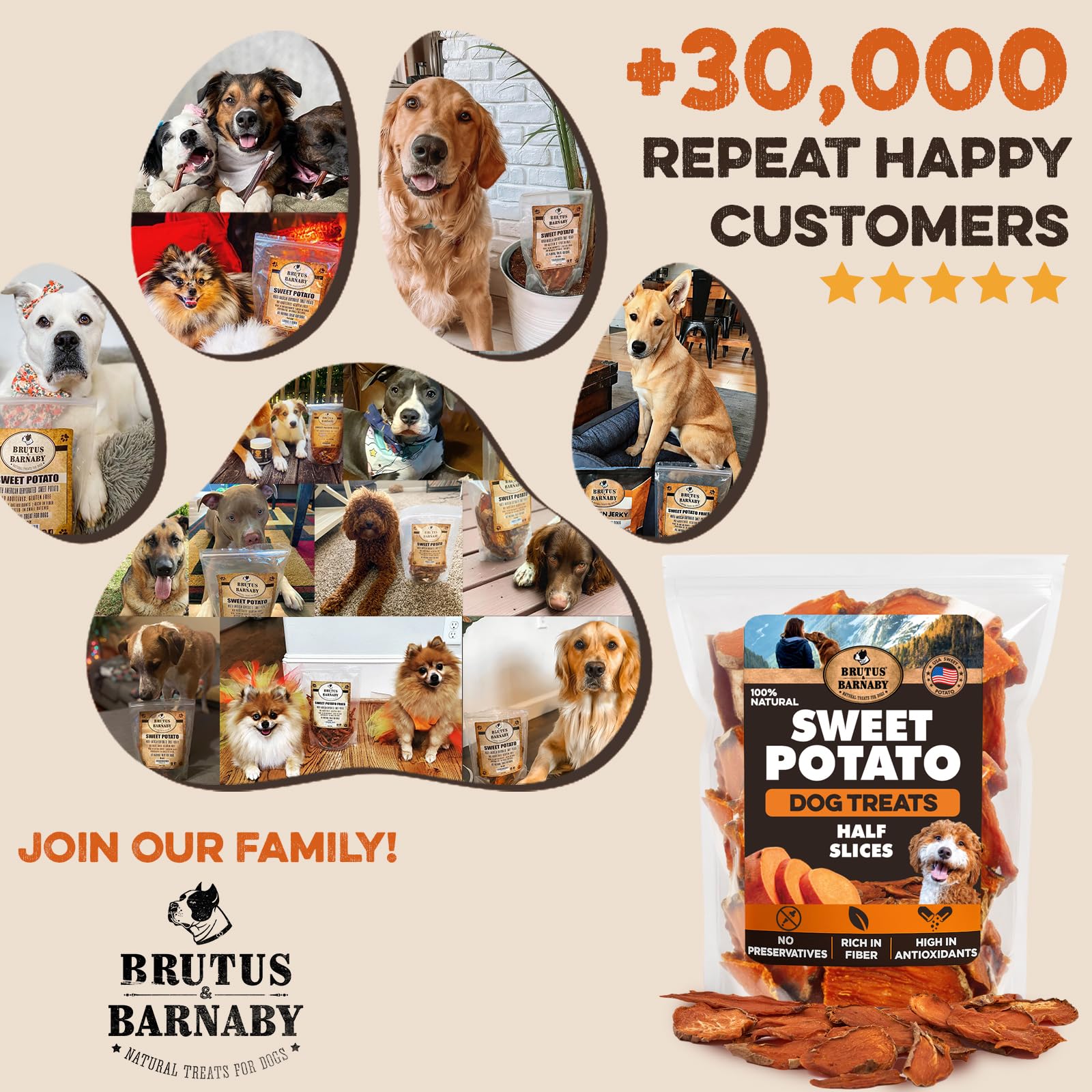 BRUTUS & BARNABY sweet potato dog treats shown from an alternate angle.