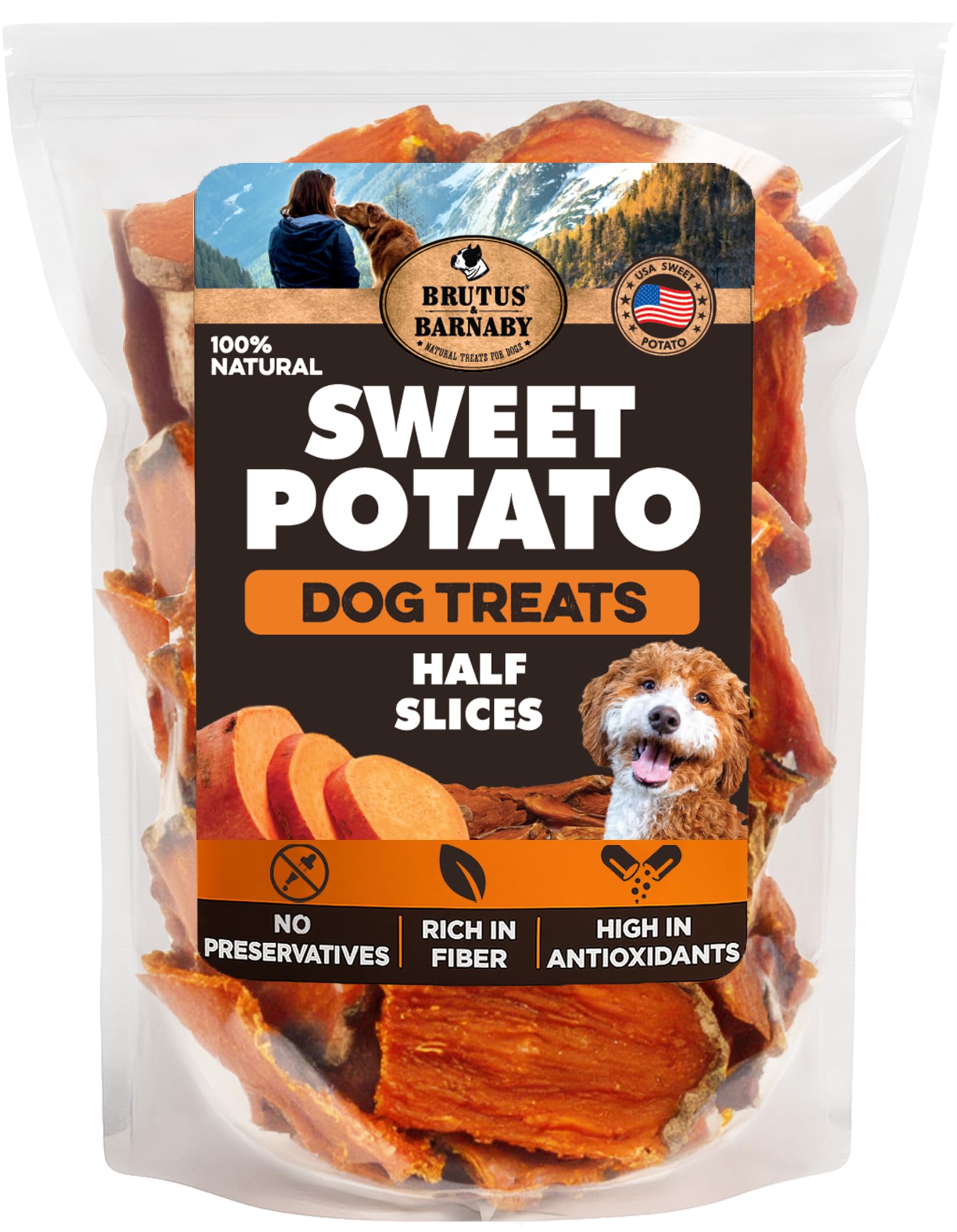 BRUTUS & BARNABY sweet potato dog treats shown with the package front facing.
