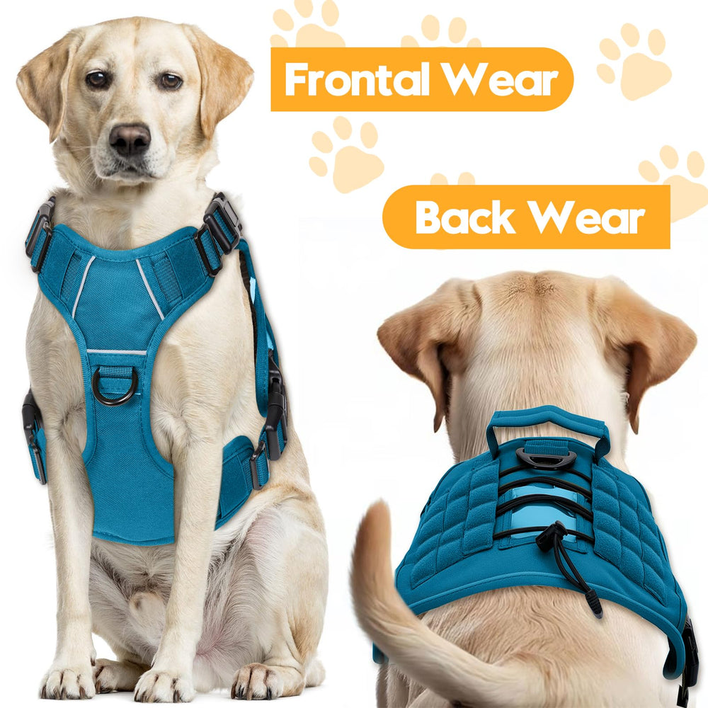 Bruvoalon dog harness showing the MOLLE system, patch panels, and name patch.