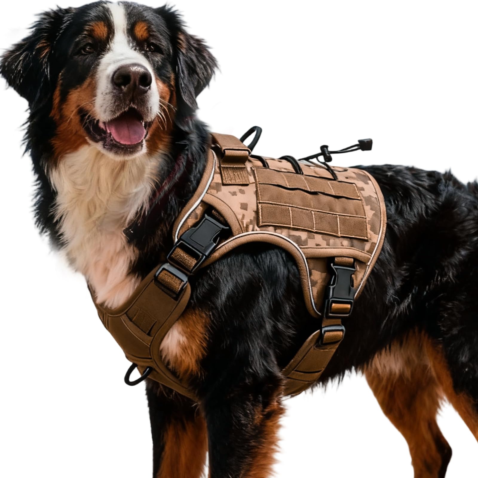 Bruvoalon tactical dog harness shown from the front in Khaki Camo.