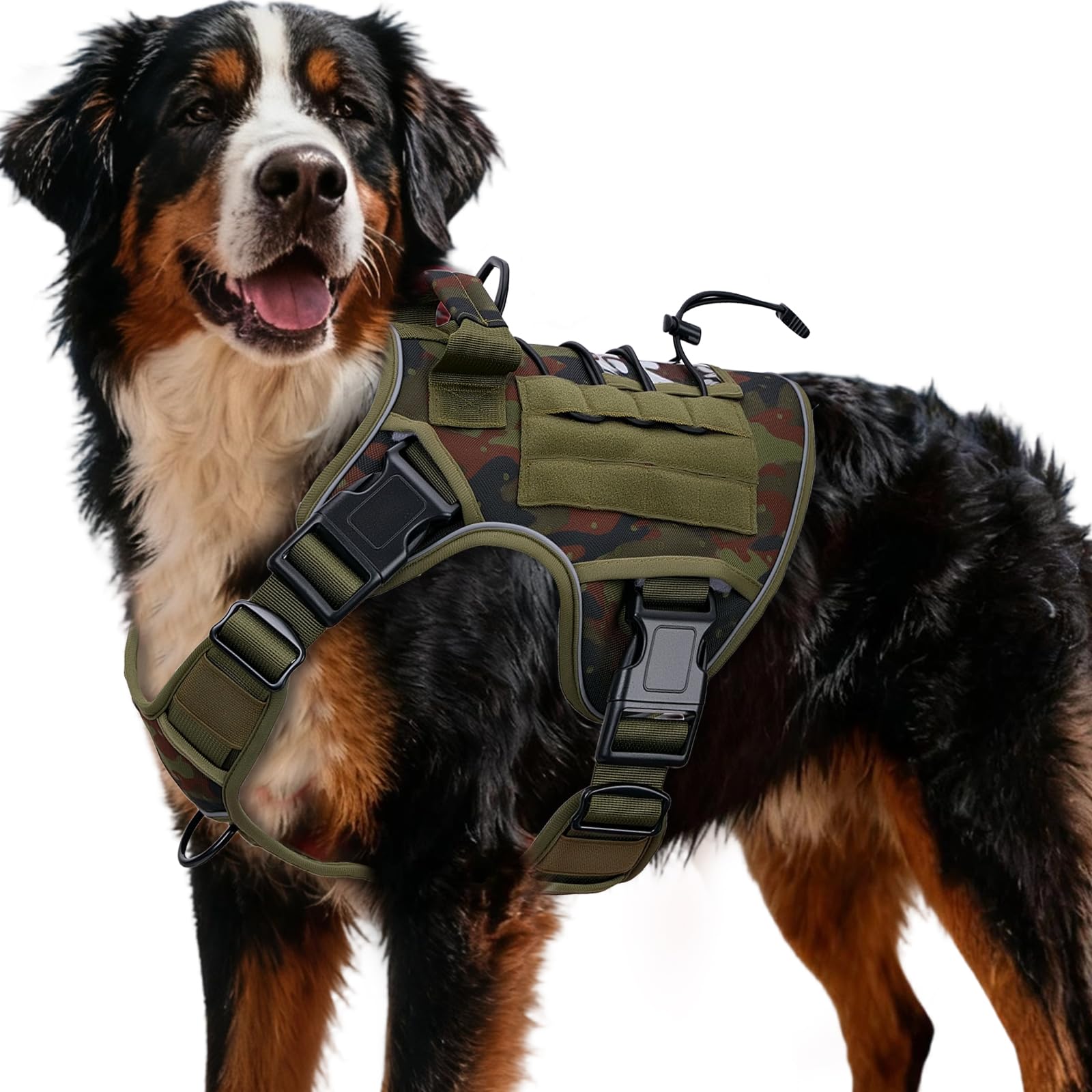 Bruvoalon tactical dog harness shown from the front in green camo.