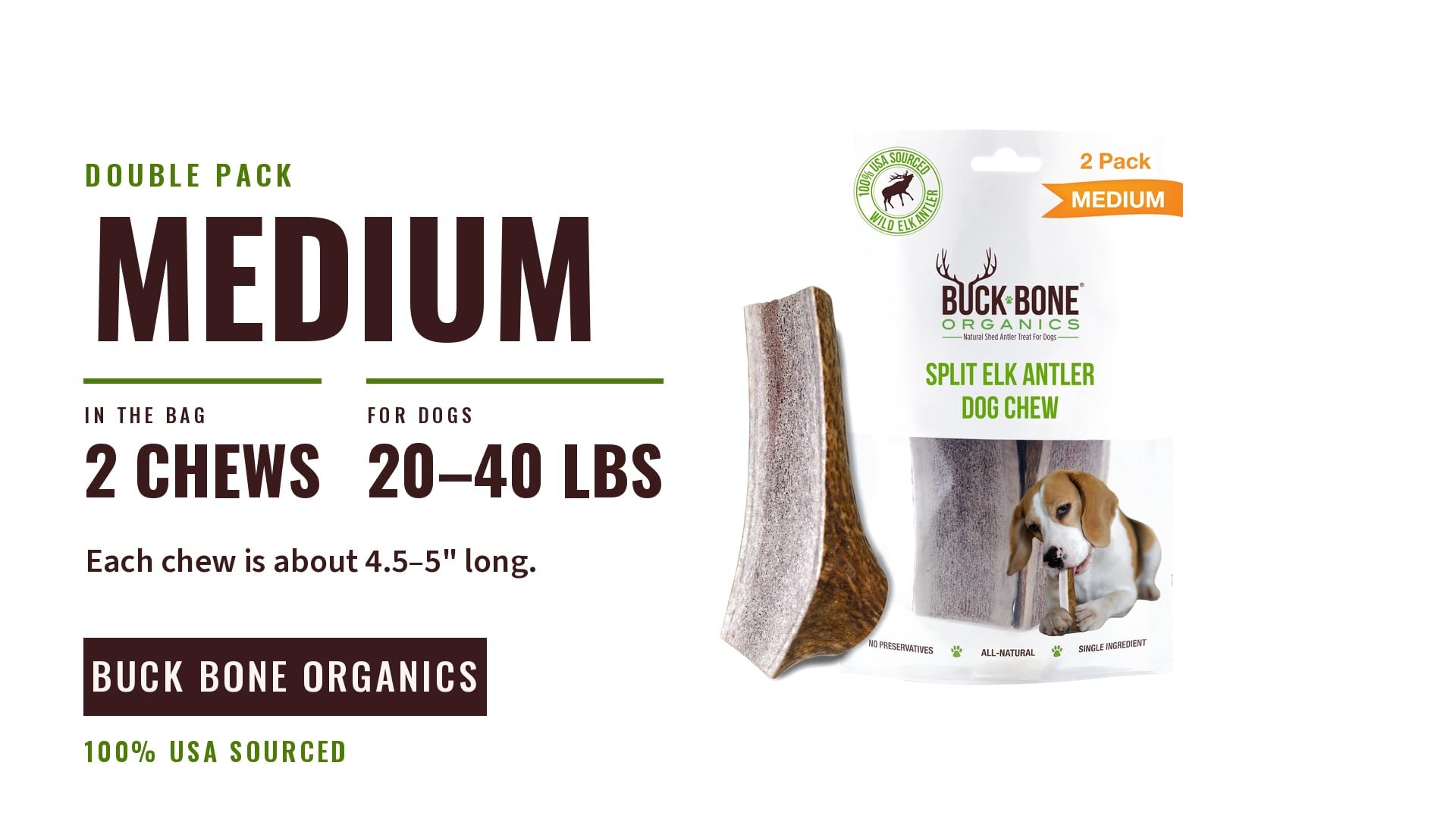 Buck Bone Organics elk antler chew with its split end visible.