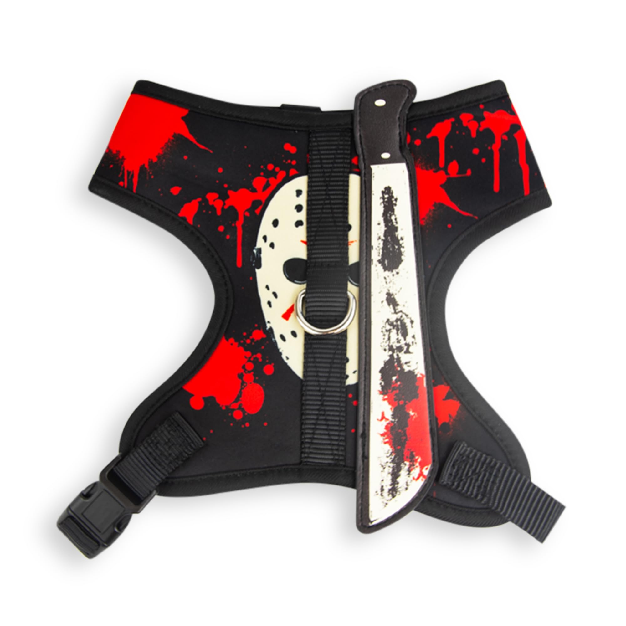 Buckle-Down Friday the 13th dog harness shown from the front with its character design.
