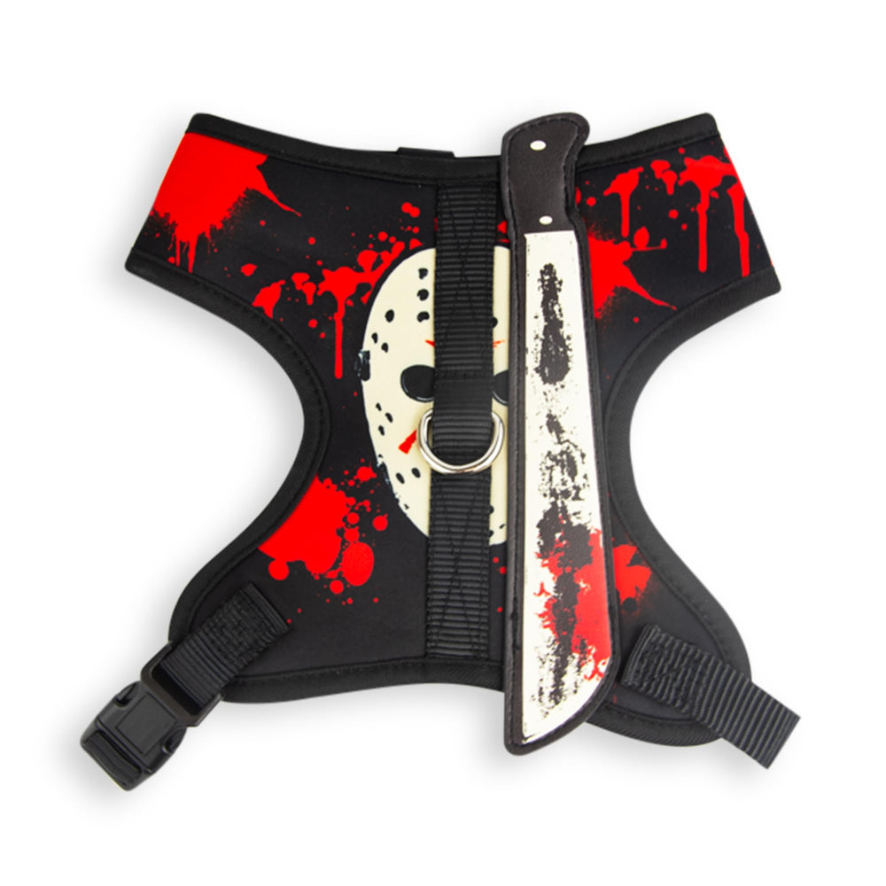 Buckle-Down Friday the 13th dog harness shown from the front with its character design.