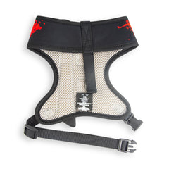 Buckle-Down Friday the 13th dog harness close-up of the hockey mask and machete appliqué.