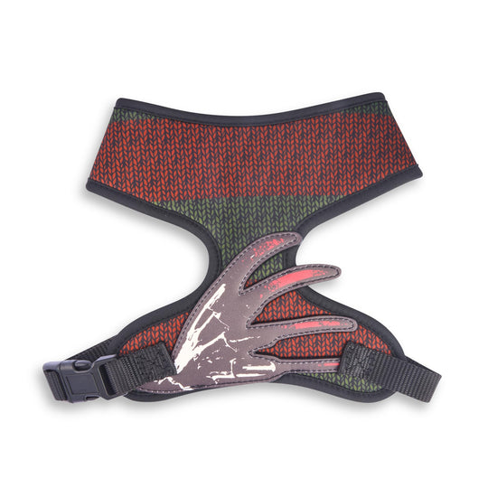Buckle-Down A Nightmare on Elm Street pet harness showing its Freddy sweater-style print.