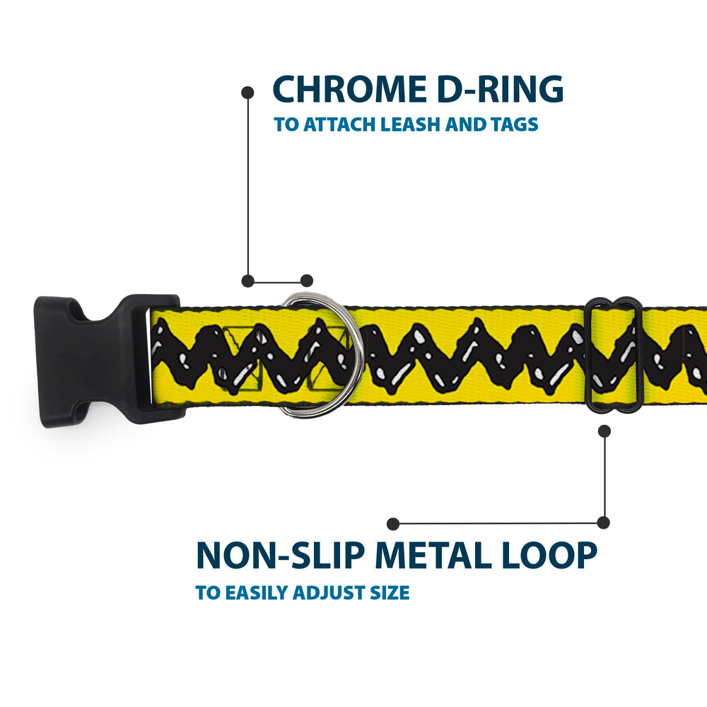 Buckle-Down Peanuts plastic clip dog collar with the D-ring in close-up.