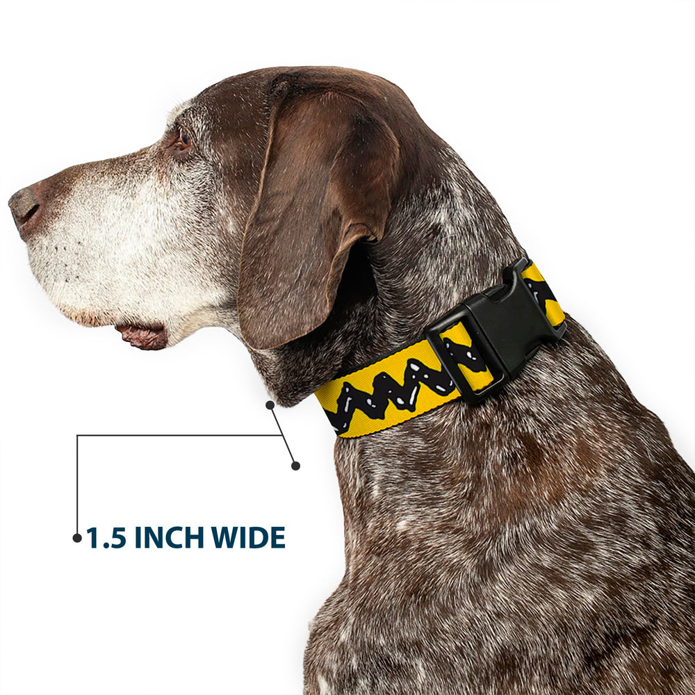 Buckle-Down Peanuts plastic clip dog collar shown being worn by a dog.