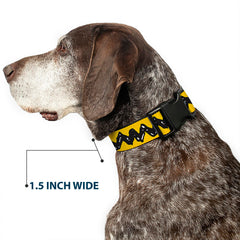 Buckle-Down Peanuts plastic clip dog collar shown being worn by a dog.
