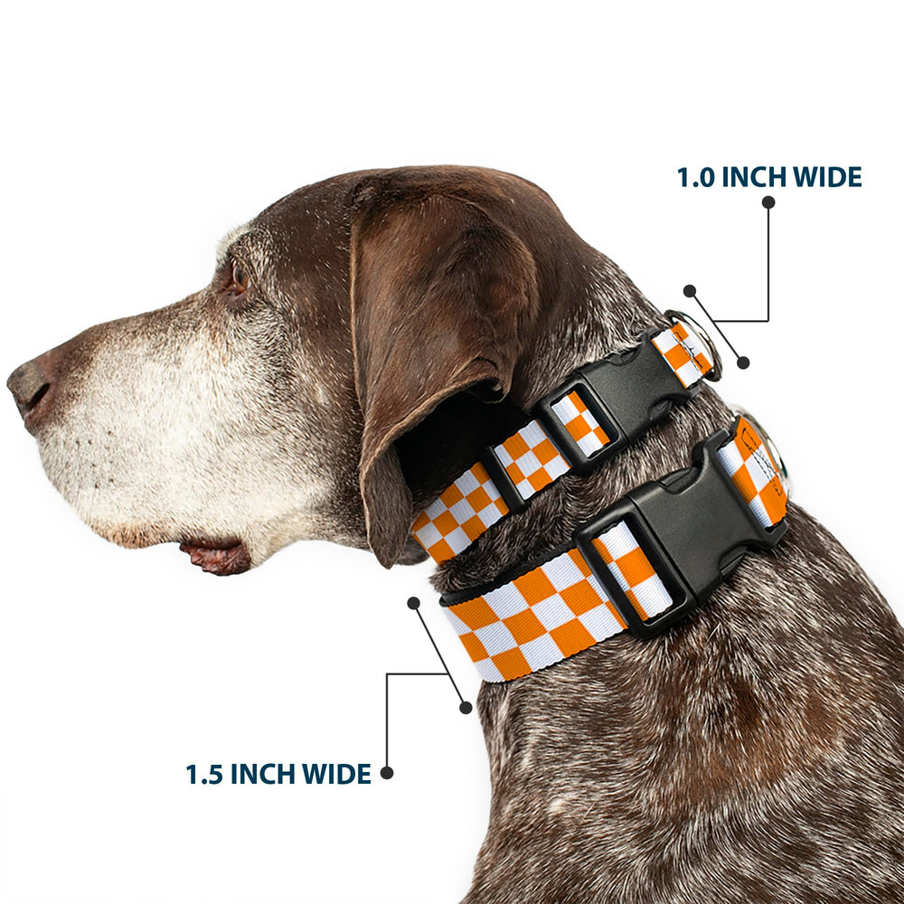 Buckle-Down Plastic Clip Collar close-up showing the white and TN orange checker pattern.