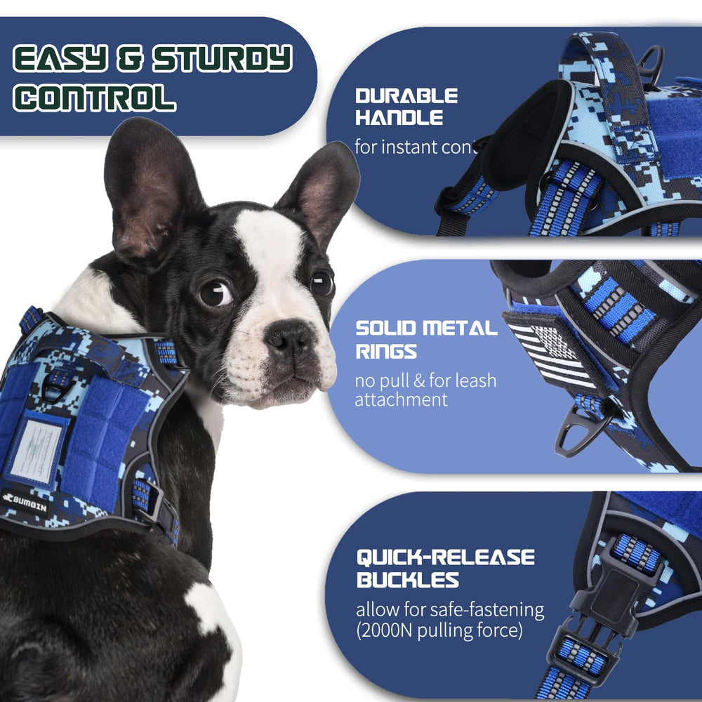 BUMBIN tactical dog harness with a close view of its nesting buckle and straps.