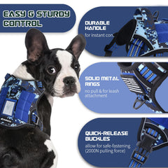BUMBIN tactical dog harness with a close view of its nesting buckle and straps.