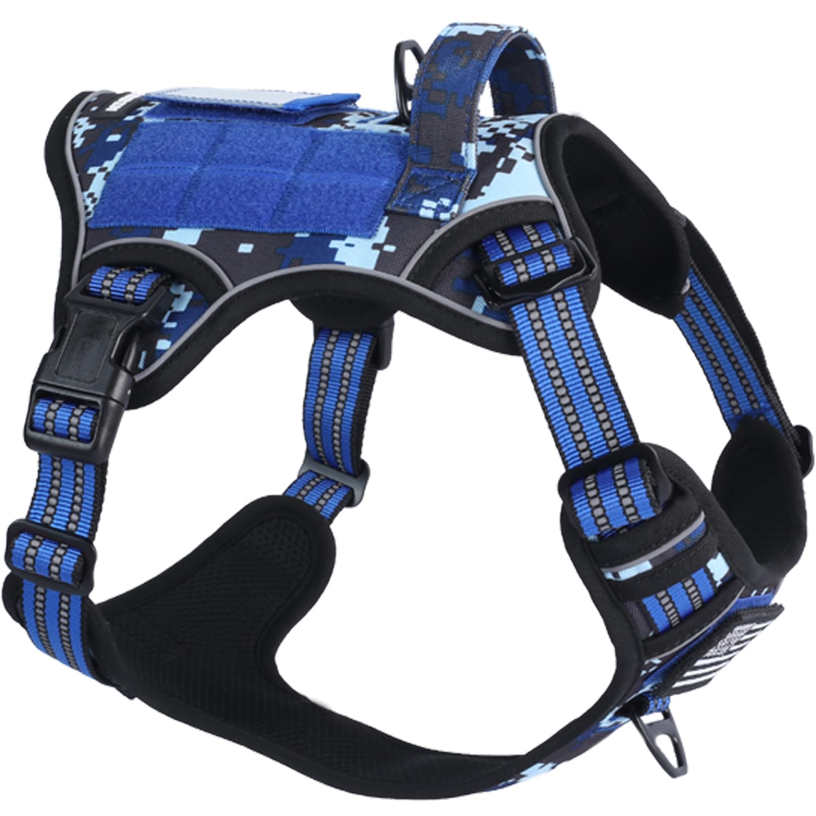 BUMBIN tactical dog harness shown from the front in Blue Camo.