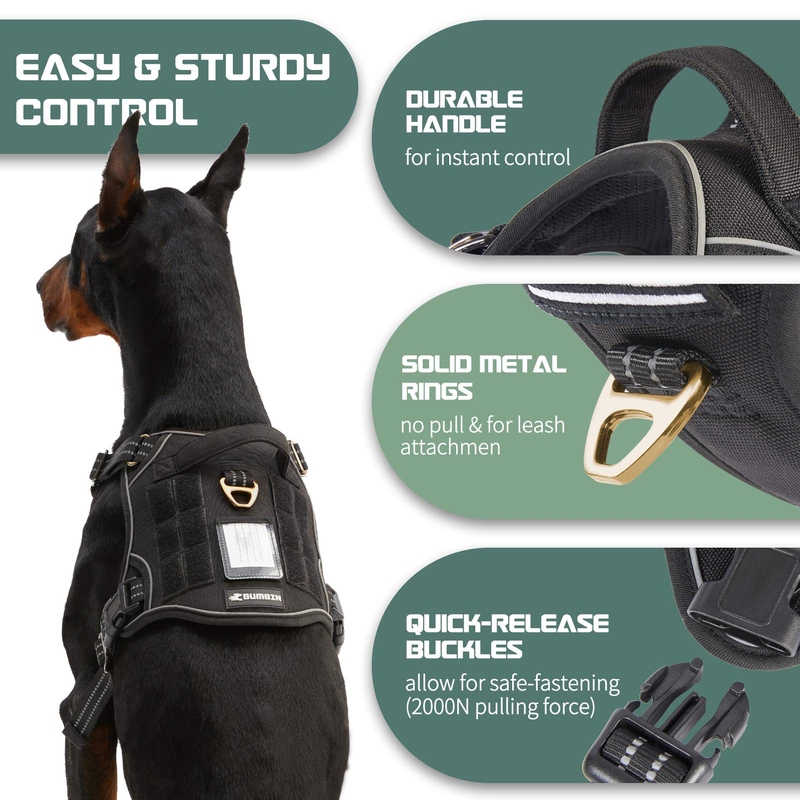 BUMBIN tactical dog harness showing the back leash clip and handle.