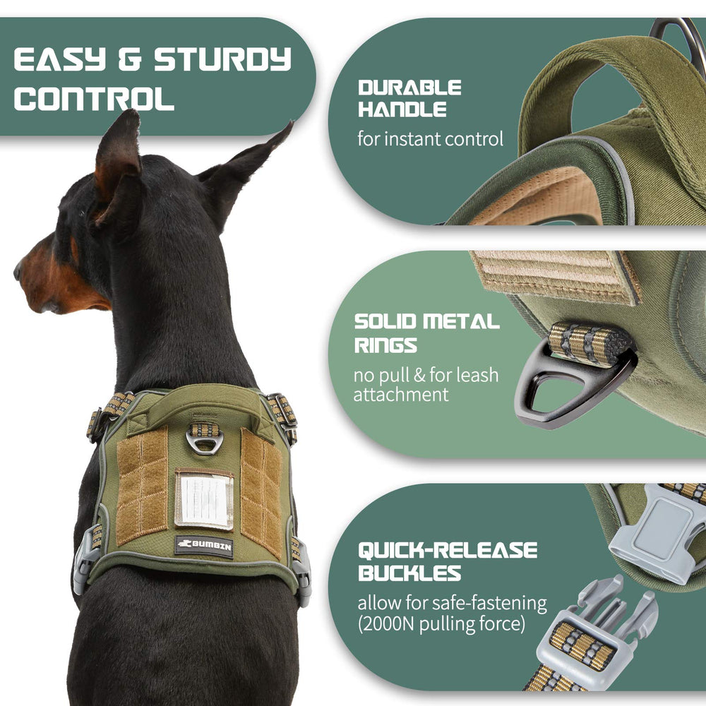 BUMBIN Tactical Dog Harness showing the nesting buckle and adjustment straps.