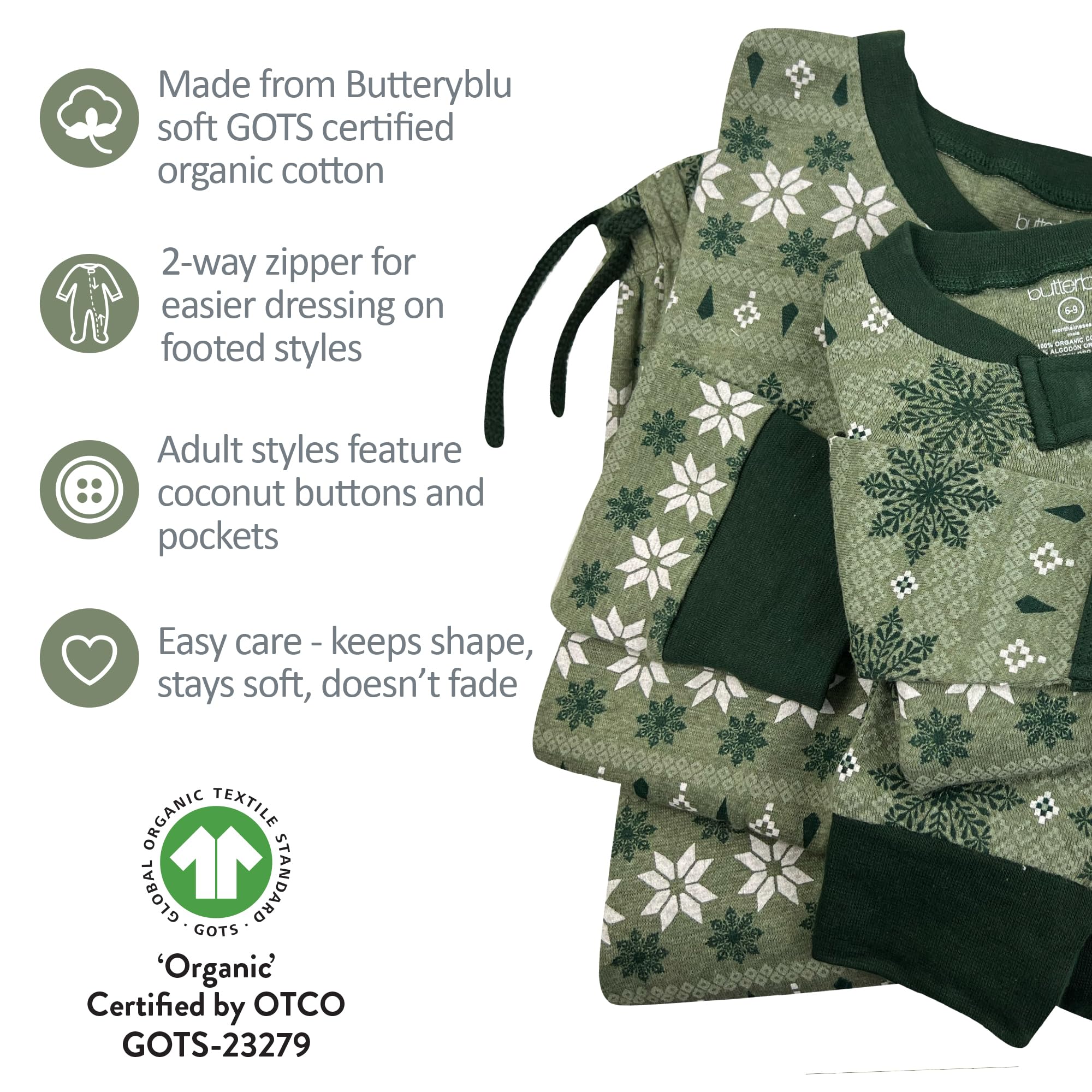 Butterblu matching family pajamas shown as coordinated holiday sleepwear.