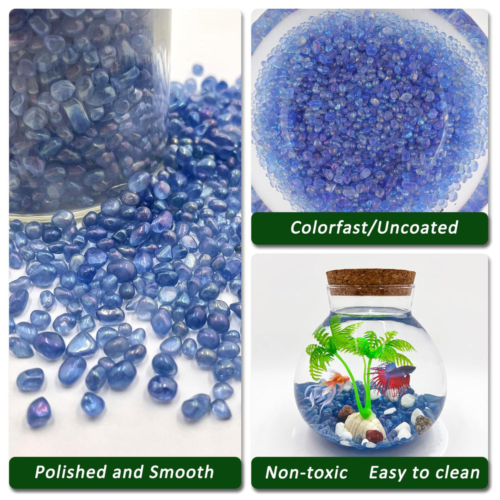 BXI blue sea glass aquarium gravel arranged as decoration in a fish tank.