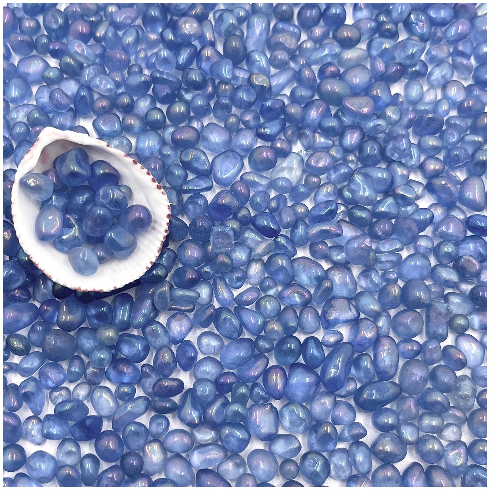BXI blue sea glass aquarium gravel shown as a product and packaging view.