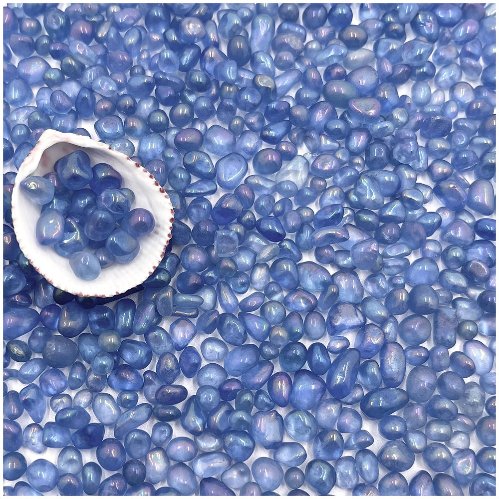 BXI blue sea glass aquarium gravel shown as a product and packaging view.