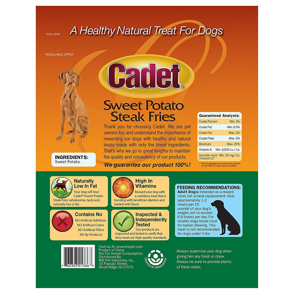 Cadet sweet potato dog treat package shown in a closer product detail view.
