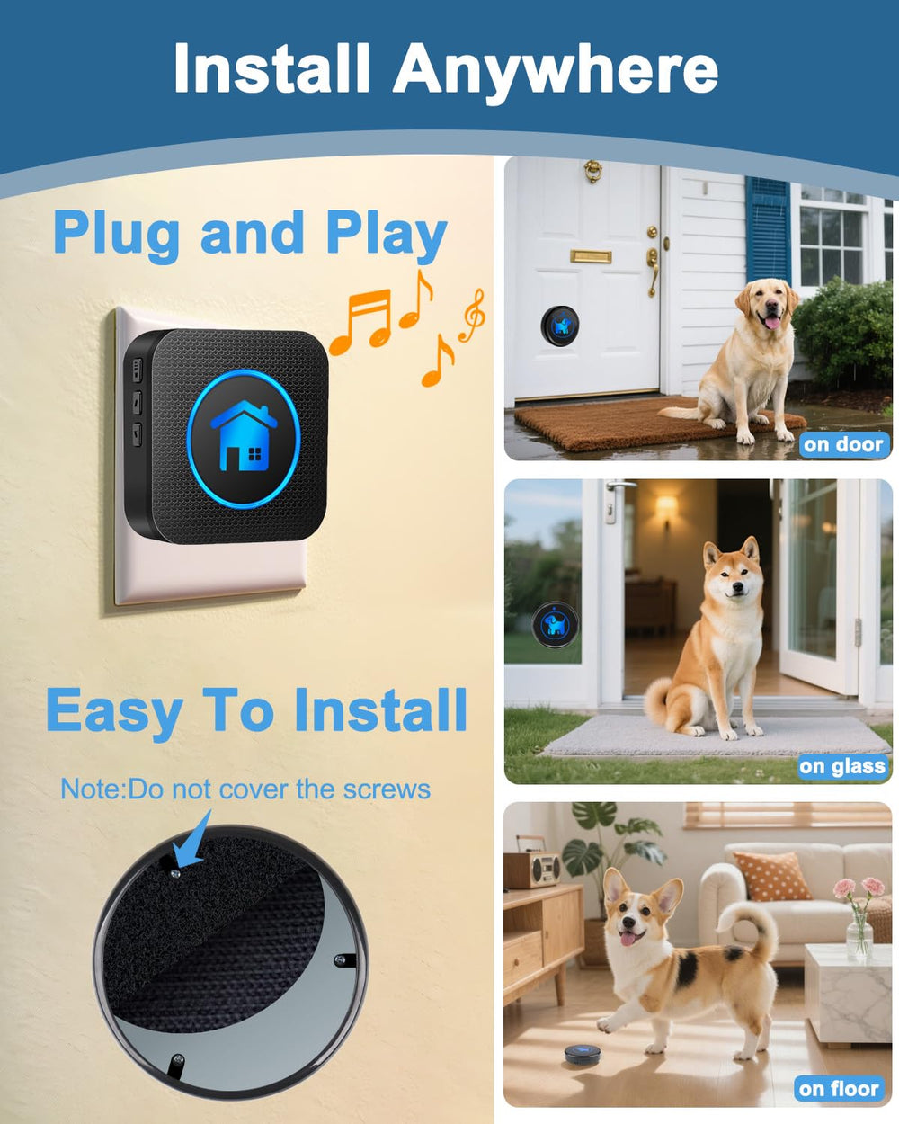 Cangecit dog doorbell button mounted at a dog-accessible height.