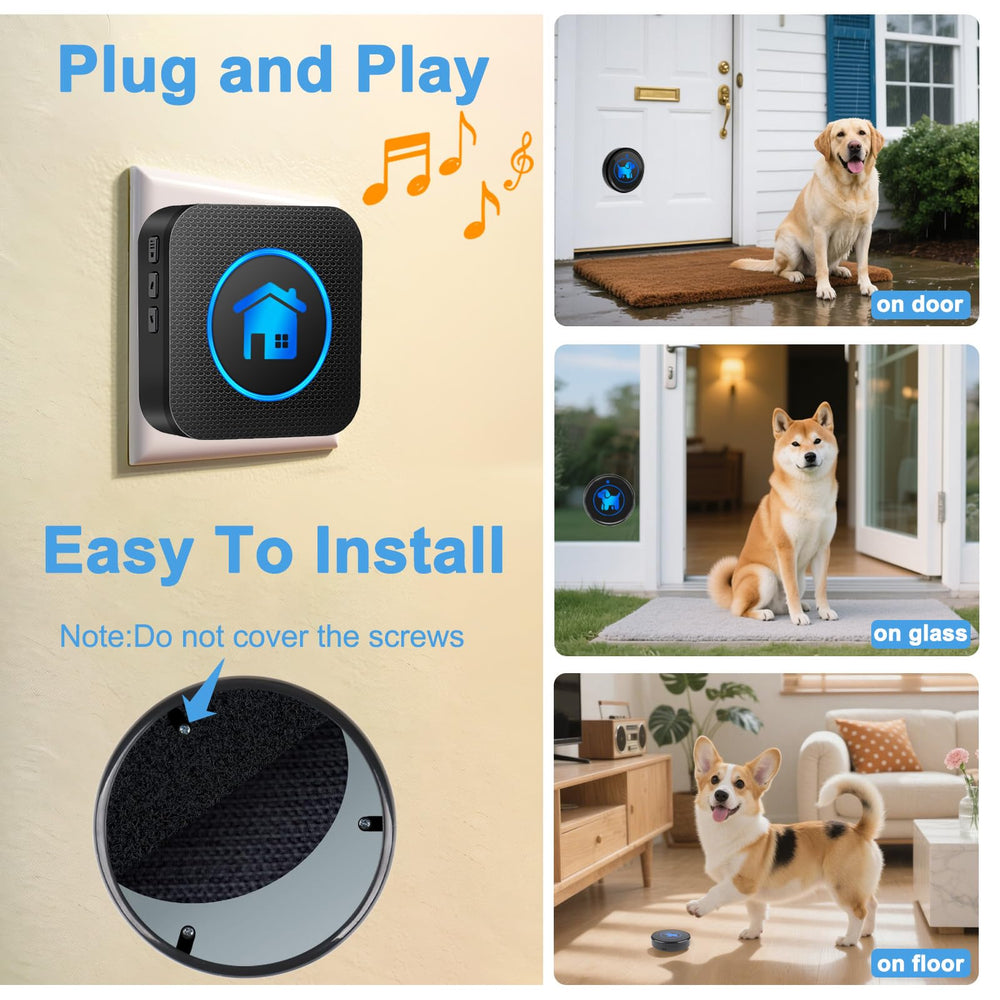 The Cangecit wireless dog doorbell button shown with its mounting method.