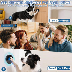 The Cangecit wireless dog doorbell transmitter and receiver shown during pairing.