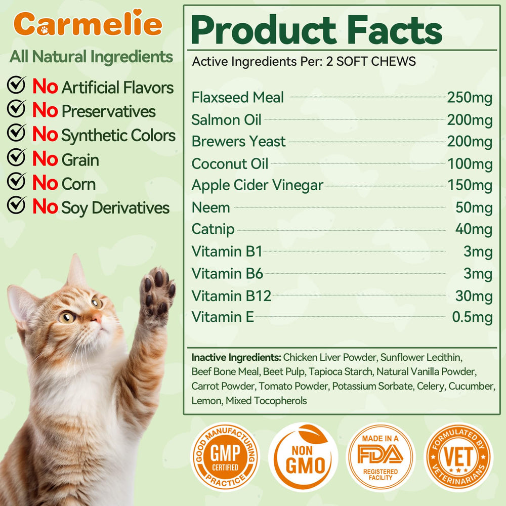 Carmelie cat flea and tick chews shown as a 200-count supply.
