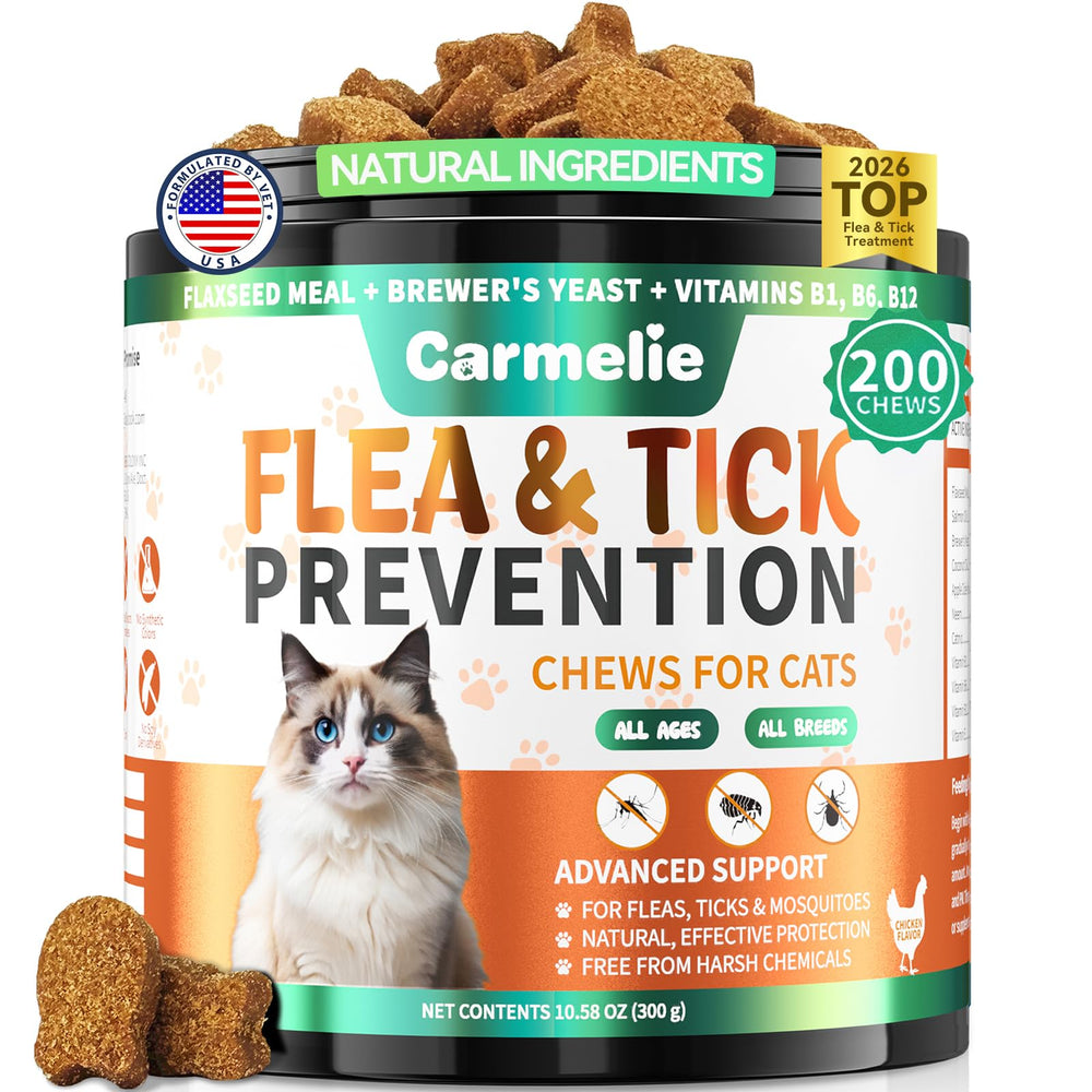 Carmelie cat flea and tick chews shown from the front.