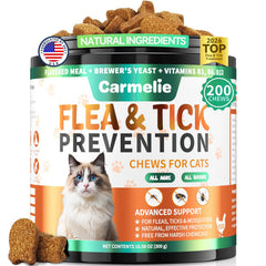 Carmelie cat flea and tick chews shown from the front.