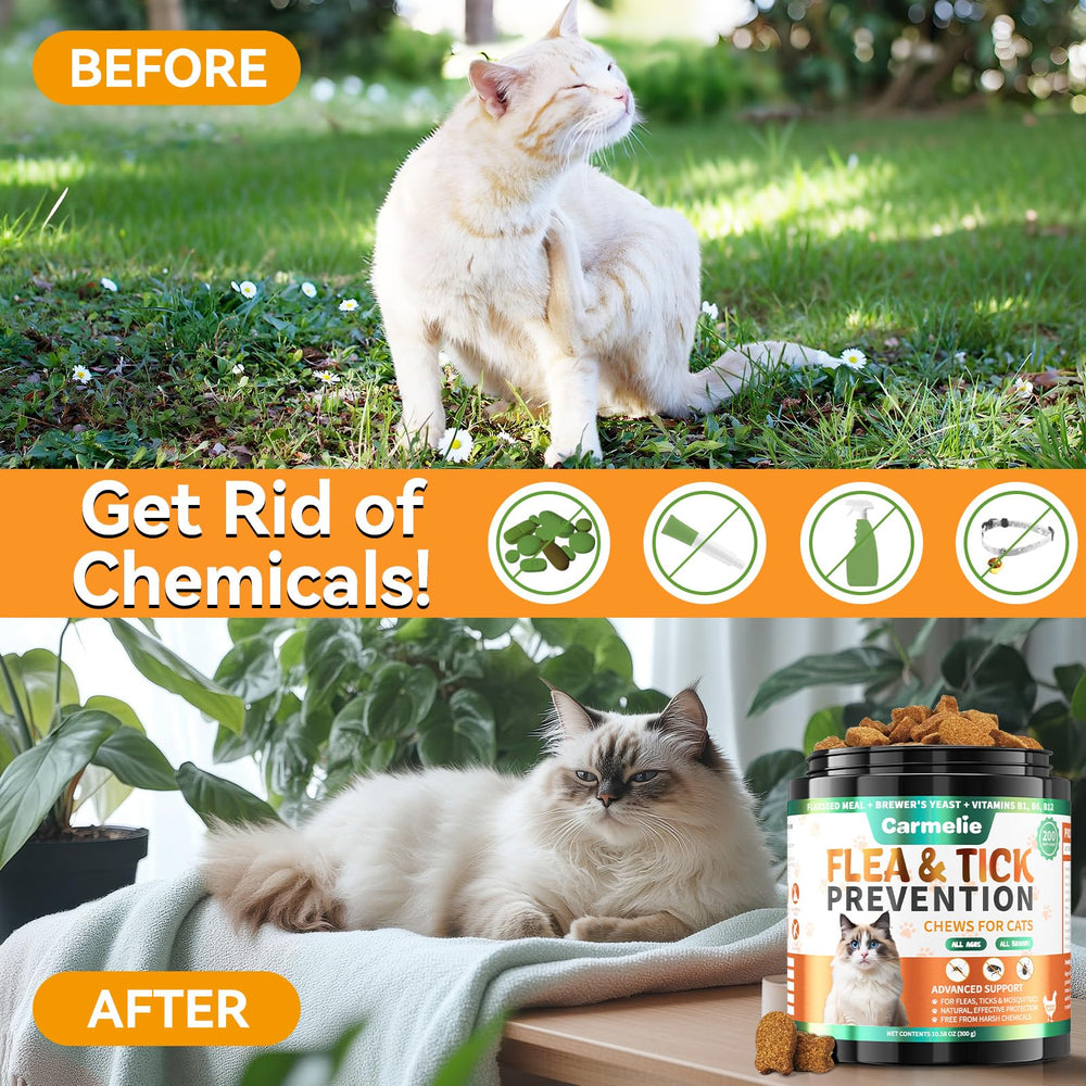 Carmelie cat flea and tick chews featuring Omega-3.