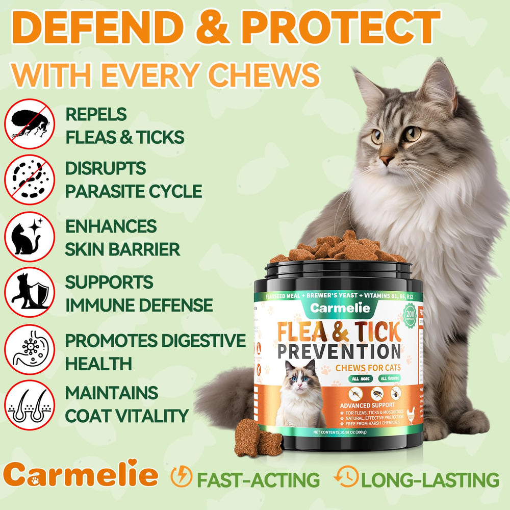 Carmelie cat flea and tick soft chew shown in close-up.