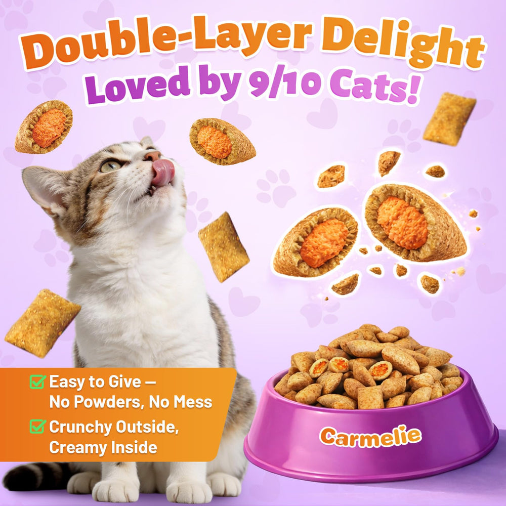 A close-up of a crunchy Carmelie cat multivitamin chew.