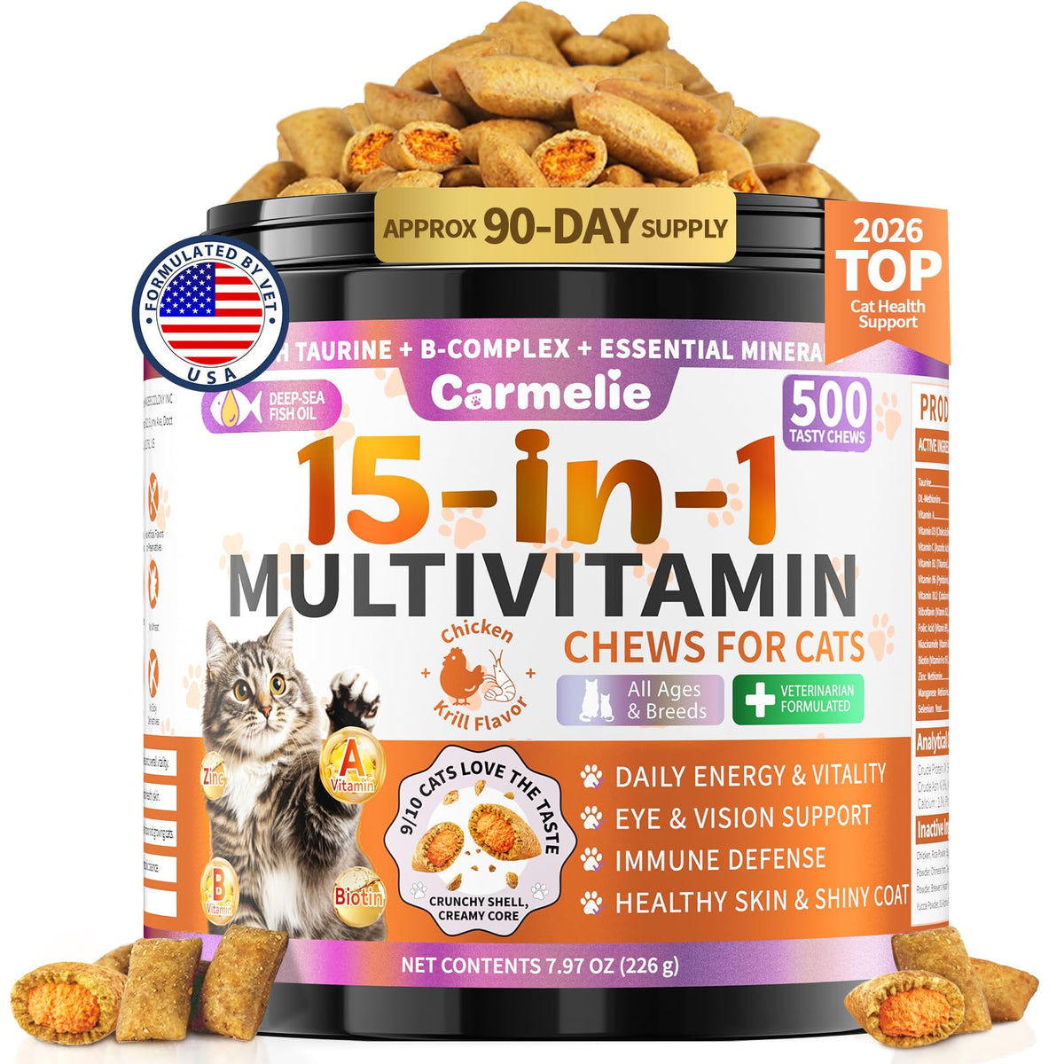 The Carmelie cat multivitamin container shown from the front.