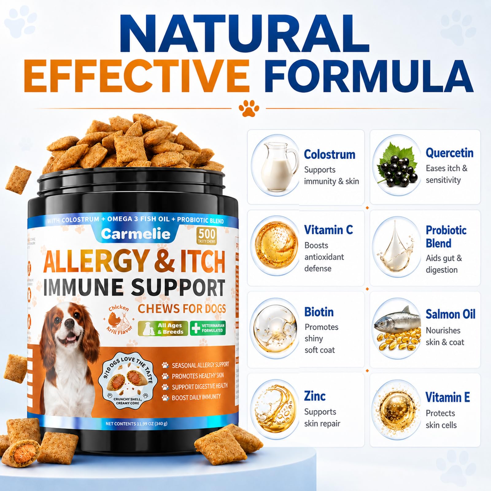 Carmelie Dog Allergy Chews 500 presented as a daily dog chew.