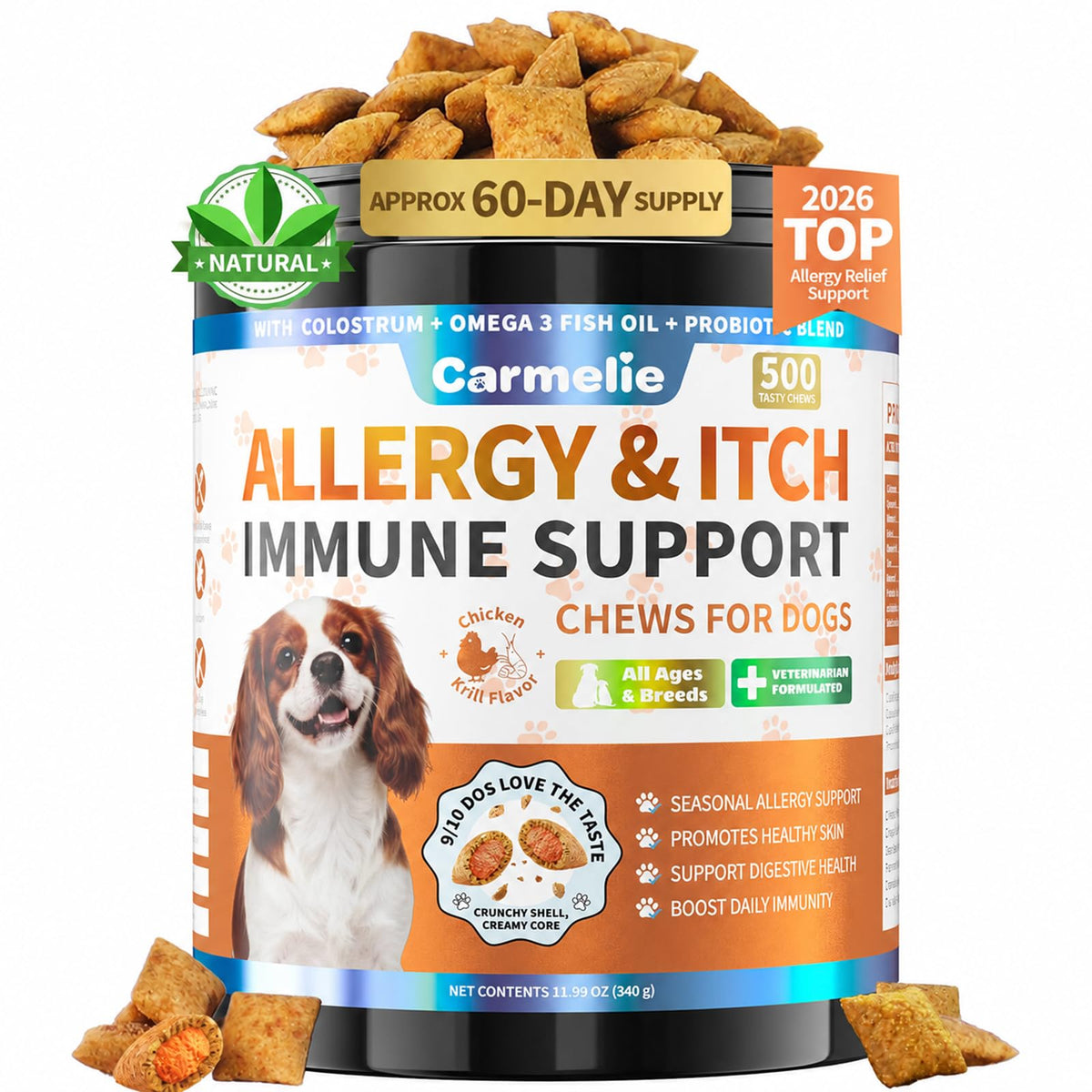 Carmelie Dog Allergy Chews 500 shown from the front.