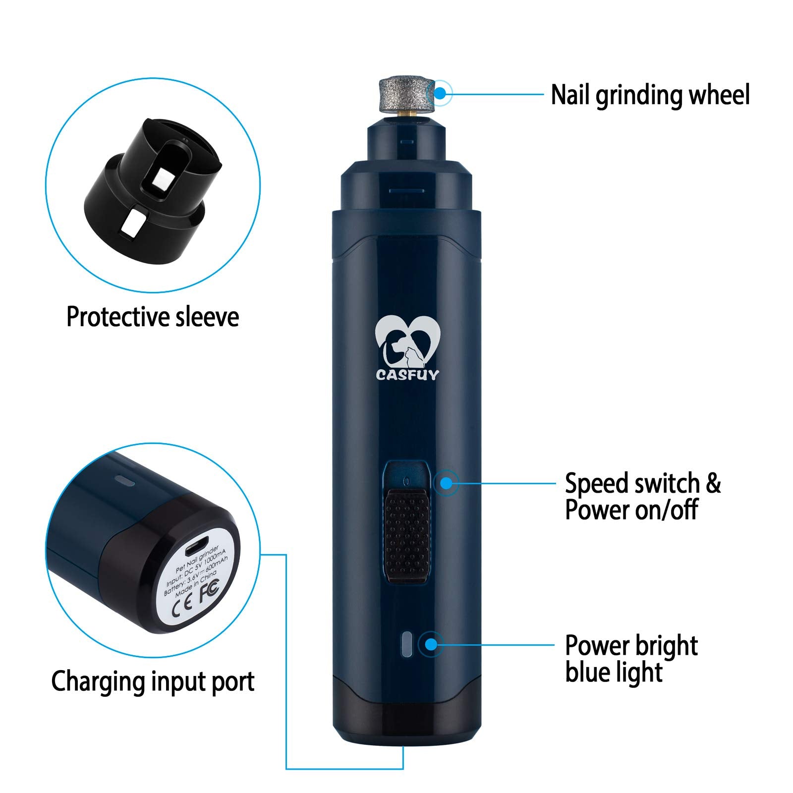 Casfuy dog nail grinder shown as a cordless handheld grooming tool.