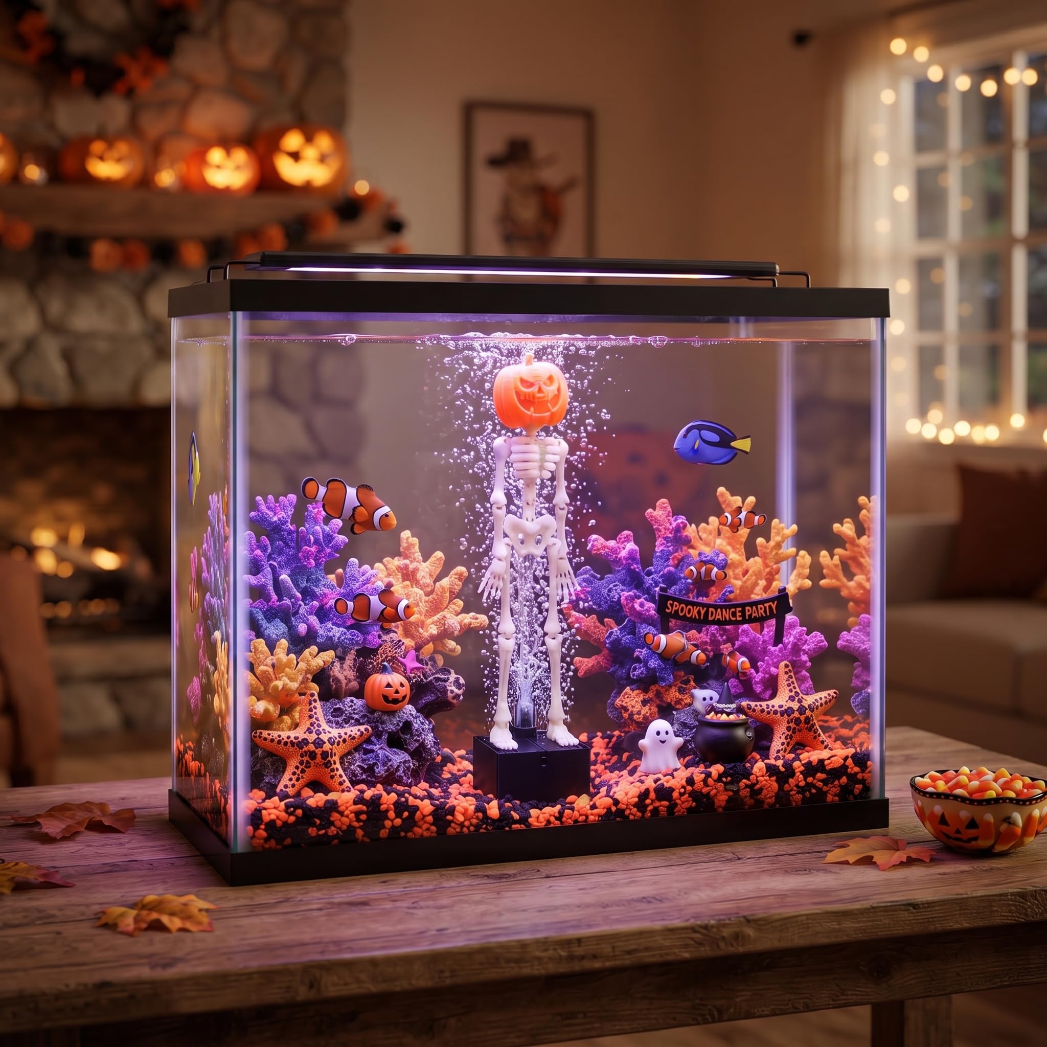 CAWOOYII Dancing Skeleton Aquarium Bubbler displayed inside an aquarium.