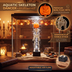 CAWOOYII skeleton aquarium bubbler wearing its removable pumpkin mask.