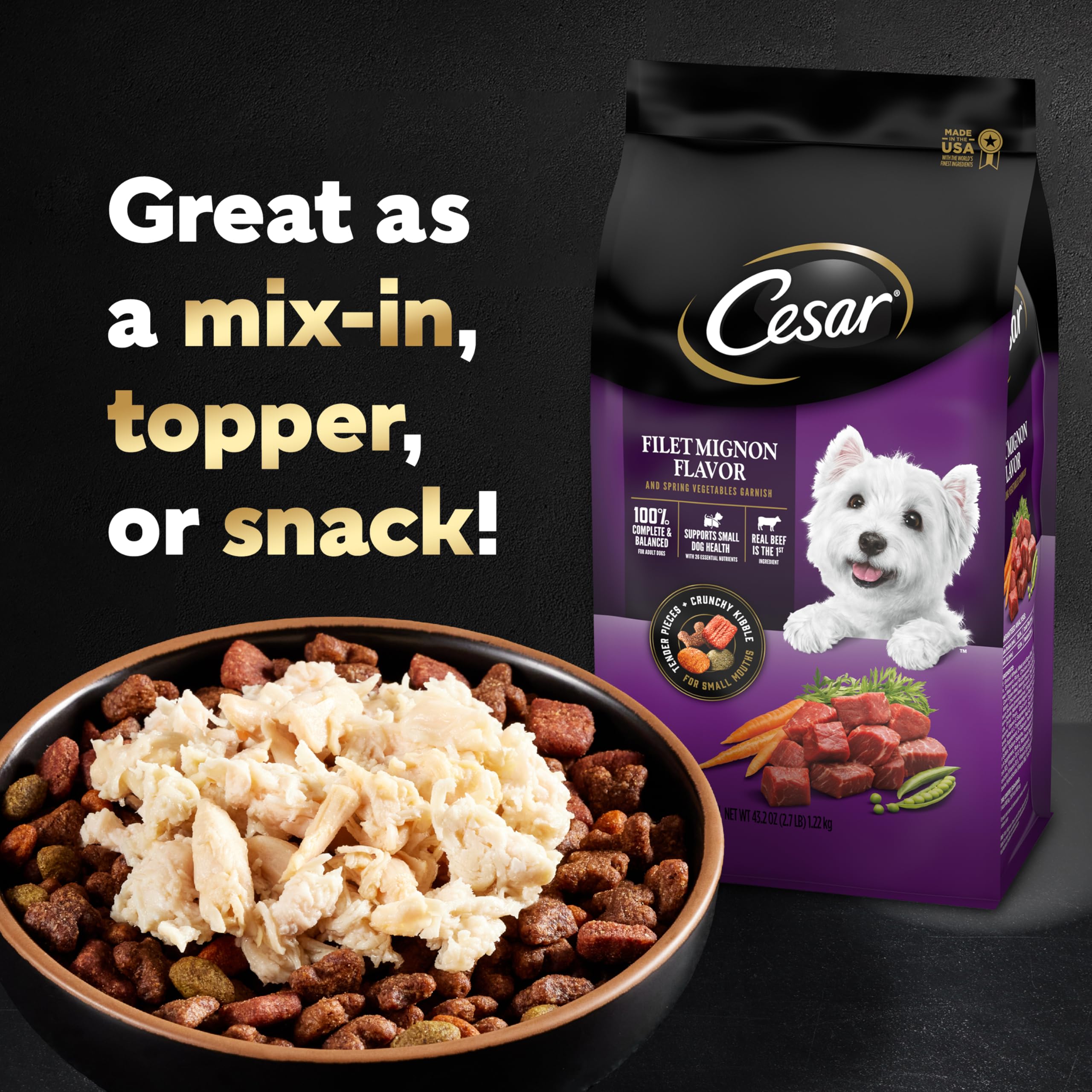 Cesar chicken wet dog food topper package shown at an alternate angle.