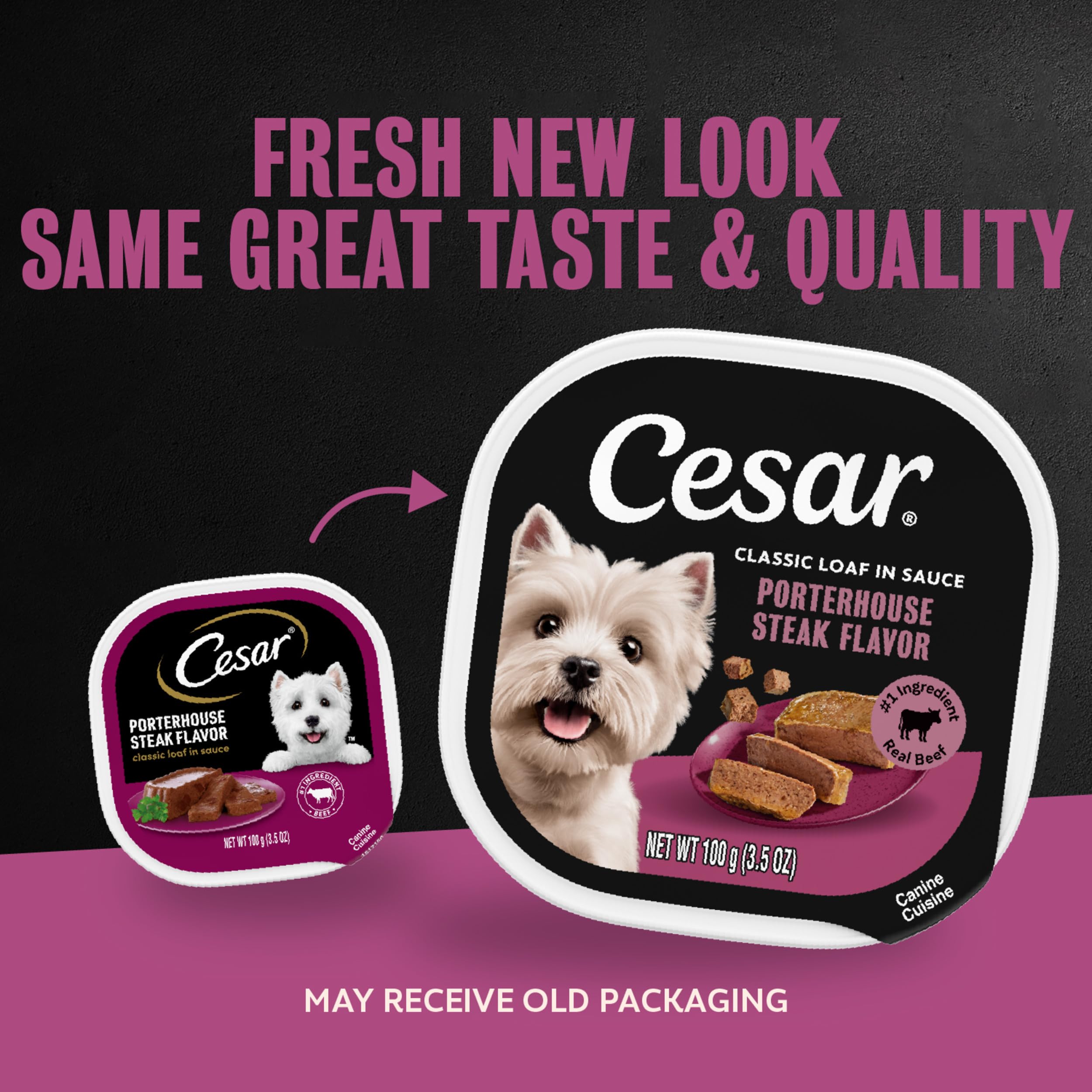 Cesar Classic Loaf wet dog food label highlighting Porterhouse steak flavor.