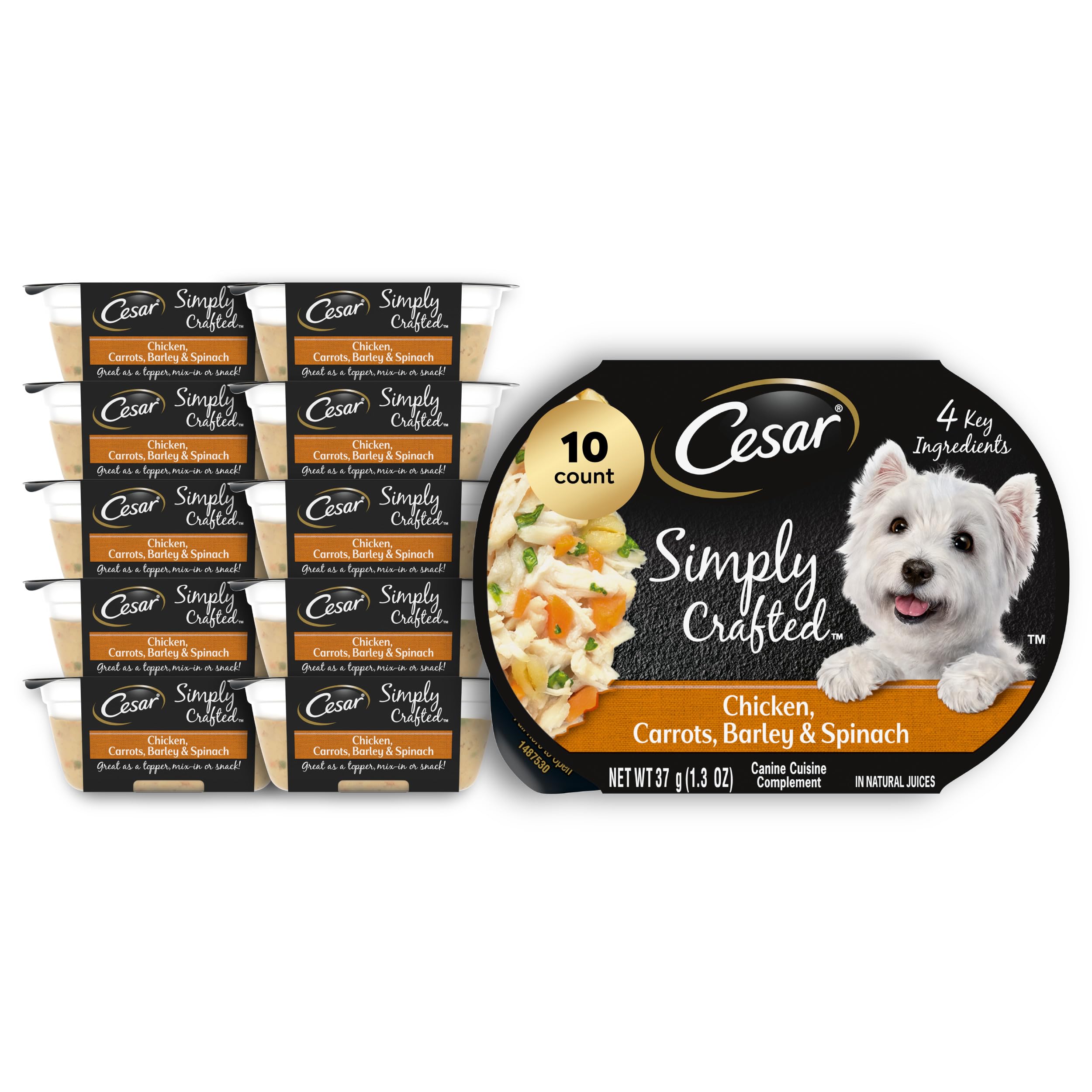 Cesar Simply Crafted dog food topper shown in its front package view.