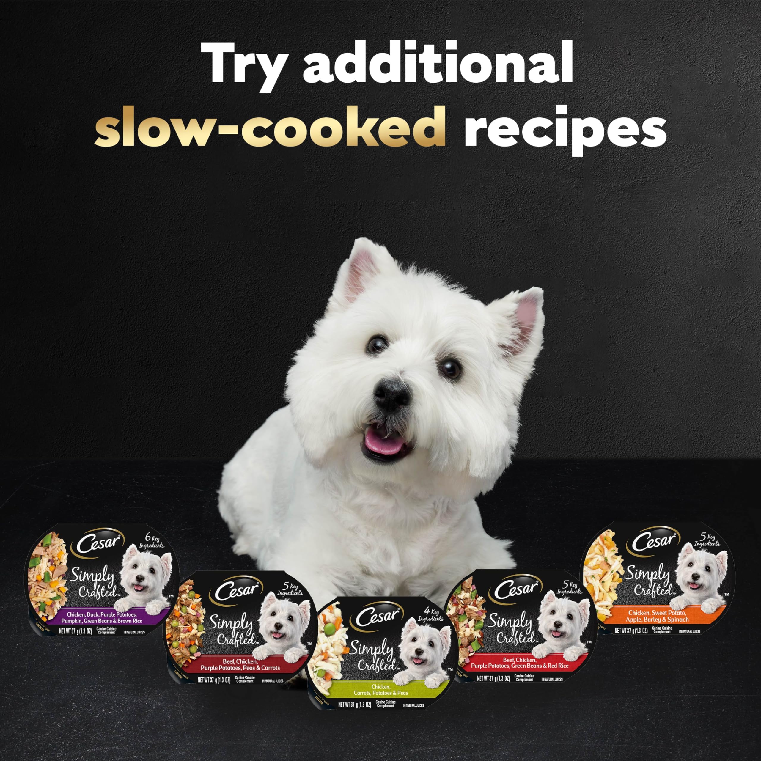 Cesar Simply Crafted dog food package showing its ingredient panel.