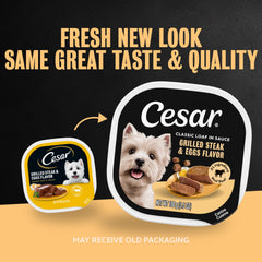 Cesar wet dog food with the Grilled Steak & Eggs recipe name in focus.