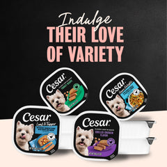 Cesar wet dog food shown in its soft Classic Loaf in Sauce style.