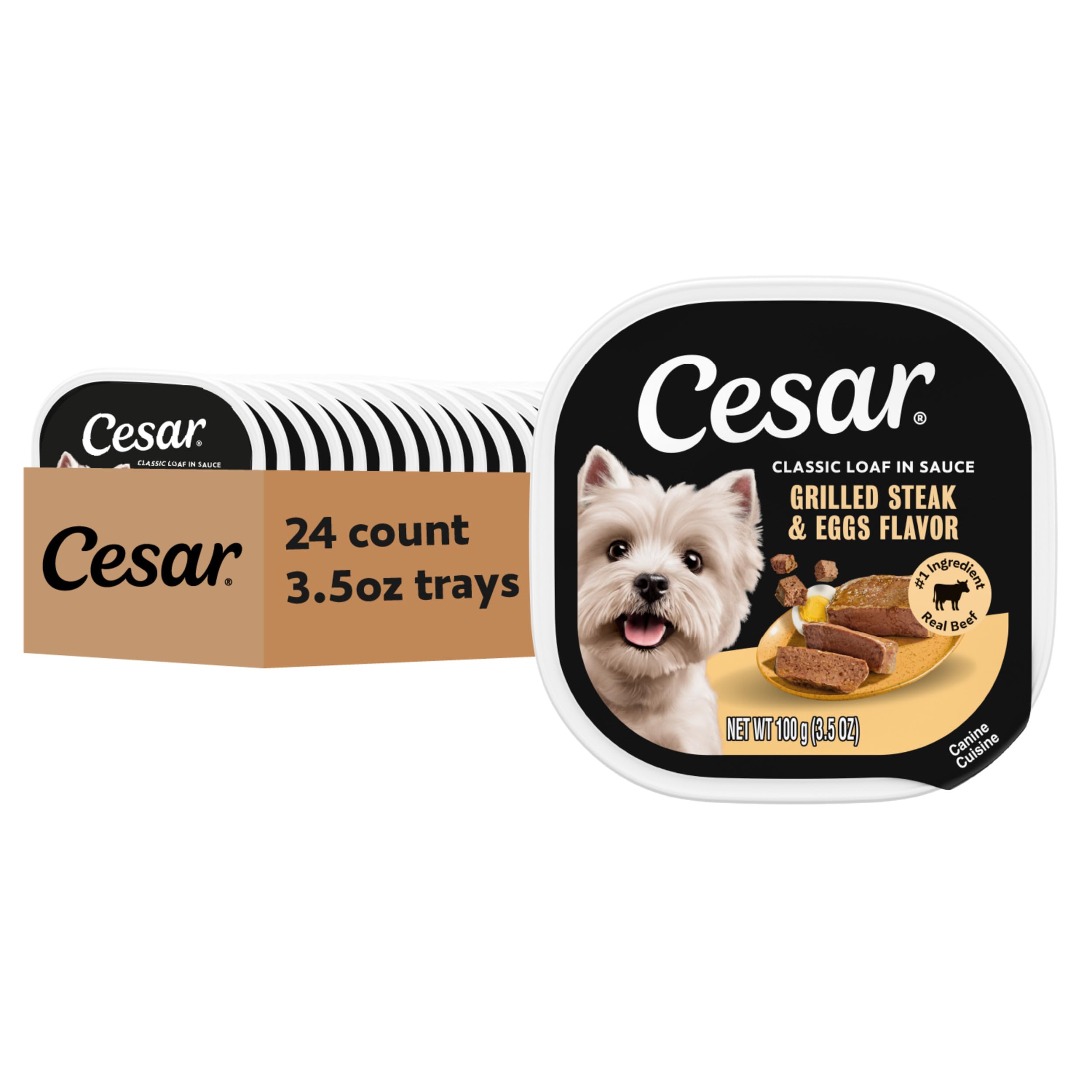 Cesar wet dog food package shown from the front.