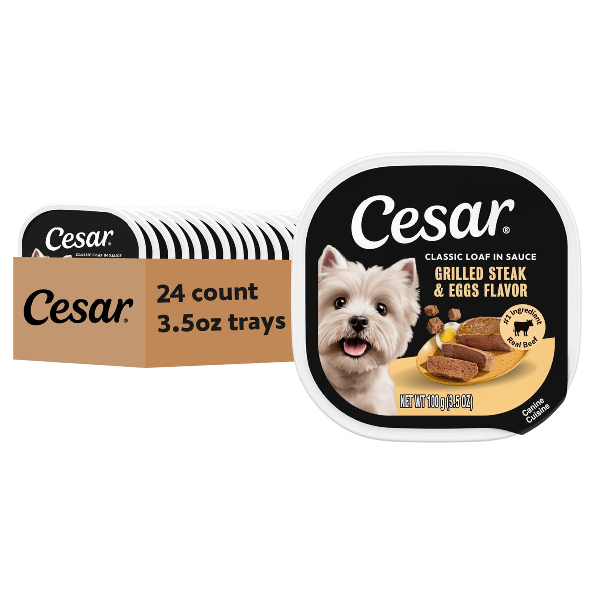 Cesar wet dog food package shown from the front.