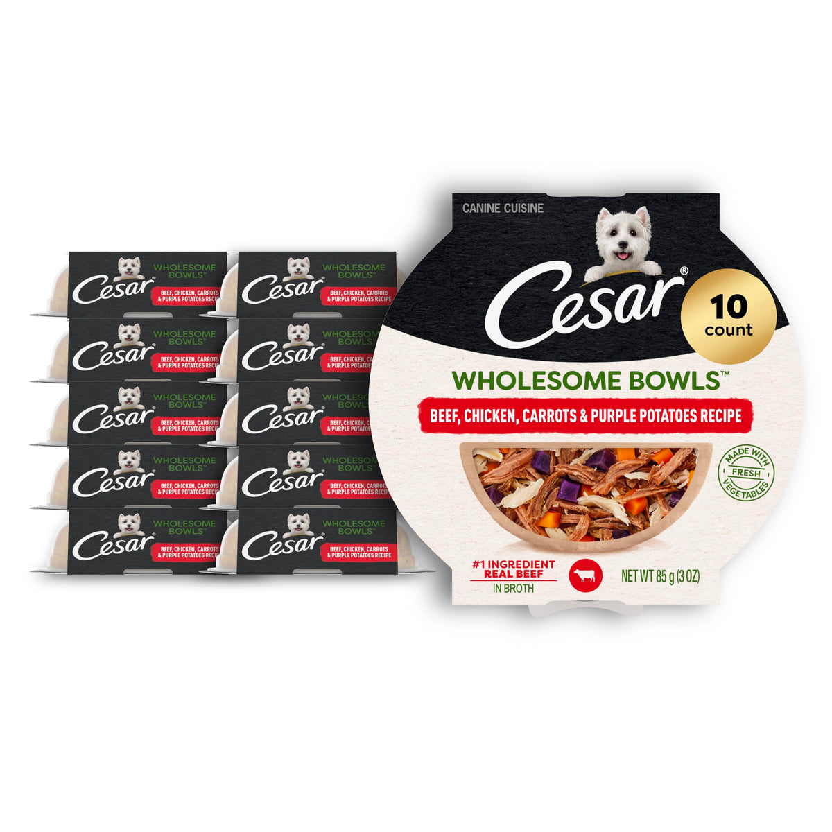 Cesar Wholesome Bowls wet dog food packaging shown from the front.